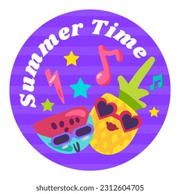 Festive round sticker with fun fruity disco, pineapple and watermelon in trendy glasses and Summer Time inscription. Holiday festive badge emblem. Color vector isolated on white background