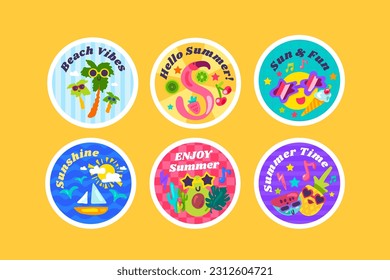 Pegatinas redondas festivas con elementos de vocaciones de verano, Beach Vibes, Disfruta de verano, Sun Fun, Ocean Waves Sunshine inscripción de título. emblema de la insignia festiva. Colección vectorial de color