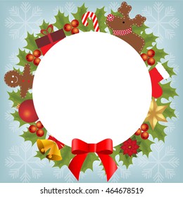 festive round white frame on a blue background with snowflakes and Christmas elements around. Pattern to decorate greetings or page for the album. Baby vector illustration