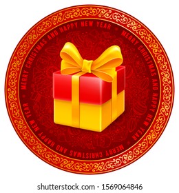 Diseño redondeado festivo para Navidad. Caja de regalo con magnífico arco de seda y muchos objetos festivos en estilo de arte de línea dibujada a mano sobre fondo rojo. Ilustración vectorial.