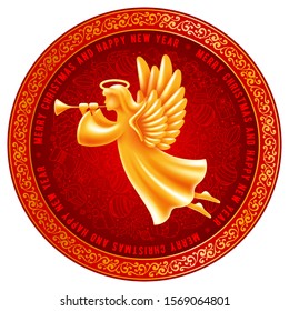 Festive rounded design for Christmas and New Year. Realistic golden figure of Angel with trumpet and many Christmas objects in hand drawn line art style on red background. Vector illustration.