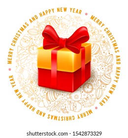 Festive rounded design for Merry Christmas and Happy New Year with holiday gift box with chic bow and different Christmas objects in hand drawn line art style on white background. Vector illustration.