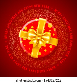 Festive rounded design for Merry Christmas and Happy New Year with holiday gift box with chic bow and different Christmas objects in hand drawn line art style on red background. Vector illustration.