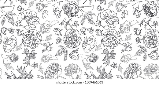 festive royal peony blossom botanical pattern, black and white contrast, modern design. All over print. Perfect for wallpaper, stationary, event, wedding, fashion. Elegant florals.