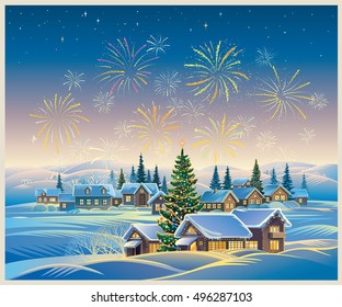 Festive rural landscape with winter village and Christmas trees and fireworks in the sky.