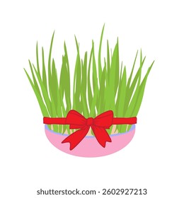 festive sabzeh illustration in a pink bowl with a red ribbon, symbolizing rebirth and growth. Perfect for Nowruz cards, decorations, and digital designs.