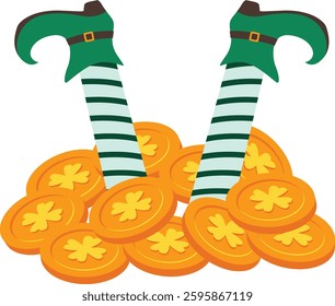 A festive Saint Patrick’s Day vector featuring lucky gold coins and classic leprechaun shoes with shamrocks. Perfect for holiday designs, cards, and decorations with an Irish folklore theme.