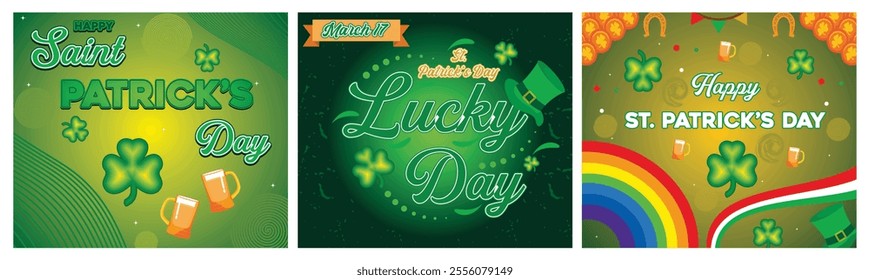 Festive Saint Patrick's Day. 17th March. St. Patterns Shamrocks and Rainbows. Set flat vector modern illustration 