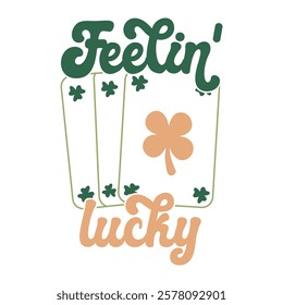 Festive Saint Patrick's Day Illustration with Three Playing Cards, Clovers and a Lucky Four-Leaf Clover and Good Fortune