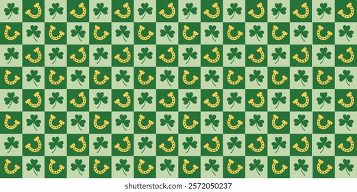 A festive Saint Patrick's Day seamless pattern featuring classic holiday elements, including vibrant green shamrocks, lucky horseshoes, and playful accents.