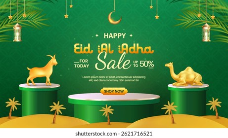 Folheto de venda festivo para o Eid Al Adha, com elementos decorativos, como estátuas de cabra dourada e camelo, motivos islâmicos, lanternas e desenhos temáticos verdes, enfatizando a celebração e ofertas de desconto.