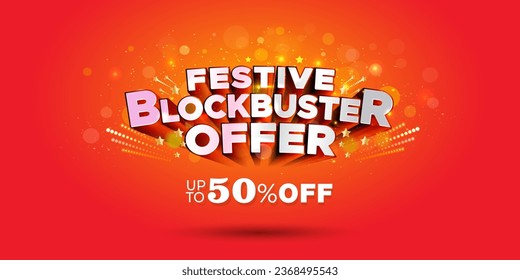 La venta festiva ofrece el concepto de logotipo. Oferta de Blockbuster festivo y 50% de tipografía vectorial 3d y fondo rojo.