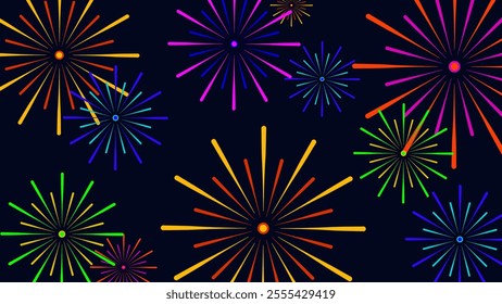 Festive salute colorful fireworks bursts background. Graphic element for New Year, Lunar, or invitation card. Vector elements illustration