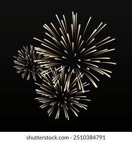 Festive salute golden fireworks bursts isolated on a black background. Graphic element for New Year, invitation, or congratulation card. Vector illustration