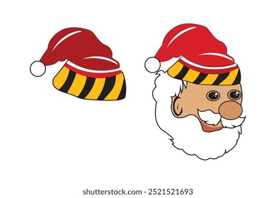 Festive Santa Christmas hat. Cartoon style Santa Claus Cap with Santa Face, vector illustration
