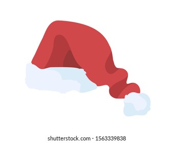 Festive santa claus cap flat vector illustration. Traditional christmas hat, funny xmas headwear isolated on white background. Warm winter season clothes, red headdress. New year celebration symbol.