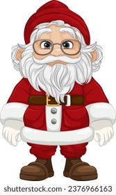 A festive Santa Claus cartoon character wearing a red cloth and glasses