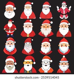 Colección festiva de dibujos animados de Santa Claus: alegres personajes de Santa Claus en varias poses y expresiones - Conjunto de Navidades de diseño plano