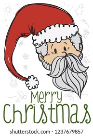 Festive Santa Claus in doodle style with traditional elements in the background like gift box, holly leaves, snowflakes, pine tree and more to celebrate a merry Christmas.