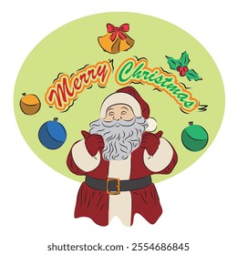 Festive Santa Claus illustration featuring 'Merry Christmas' text, complemented by vibrant ornaments such as baubles, bells, and holly leaves, perfect for holiday-themed designs.