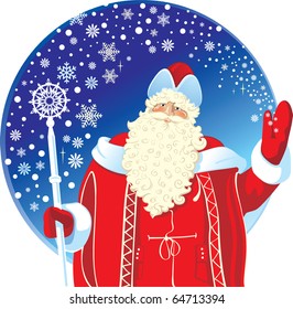 Festive Santa Claus makes a hand gesture  with his hand launching snowflakes.