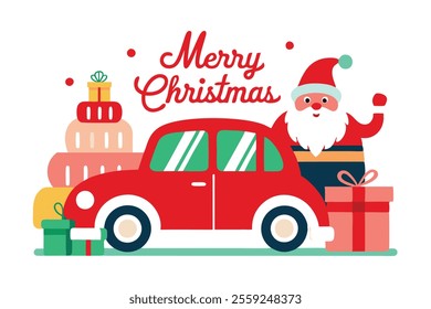 Festive Santa Claus in a Red Car for Merry Christmas