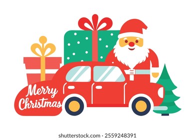 Festive Santa Claus in a Red Car for Merry Christmas