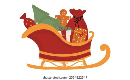 Festive Santa Claus Sleigh Filled with Presents. Traditional Christmas and New Year decoration. Vector illustration