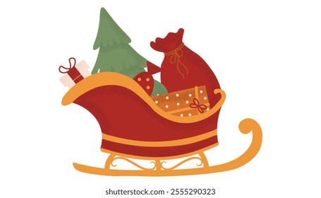 Festive Santa Claus Sleigh Filled with Presents. Traditional Christmas and New Year decoration. Vector illustration