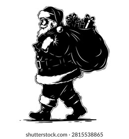 Festive Santa Claus walking with a large sack filled with presents, dressed in traditional red suit and hat, embodying holiday spirit and generosity.