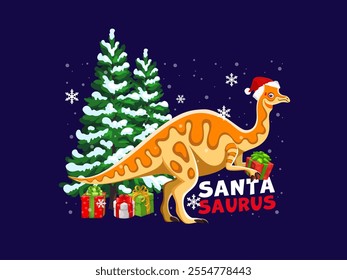 Festive Santa dinosaur holding gifts by Christmas tree. Cartoon vector cheerful corythosaurus dino animal sending playful greetings, exudes holiday spirit, fun, and quirky prehistoric New Year vibes