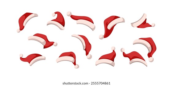 Festive Santa hats in different angles flat color vector objects set. Christmas holiday headwear for party illustration on white background