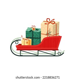 Festive Santa sleigh with Christmas presents vector icon. Christmas ornate gift boxes, Santa sled colorful cartoon design element illustration. Festive x-mas event shopping sale invitation background