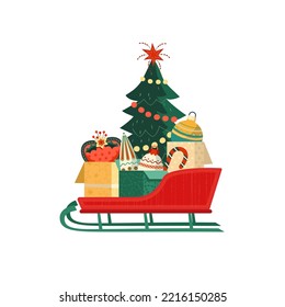 Festive Santa sleigh with Christmas tree ornaments vector icon. Christmas tree, boxes, ornate decorations, Santa sled colorful cartoon design element illustration. Festive sale invitation background