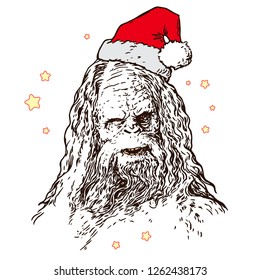 Festive Sasquatch Santa in christmas hat and stars. Vector illustration, line art template.