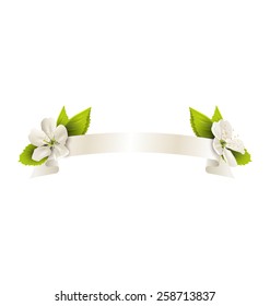 Festive satin ribbon garland flag with cherry flowers isolated on white background