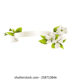 Festive satin ribbon garland flag with cherry flowers isolated on white background
