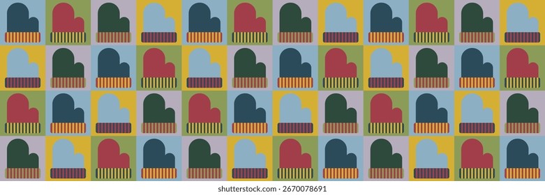 Festive Scandinavian retro pattern with Christmas mittens. Seamless New Year background as a patchwork quilt with squares. Vector winter holiday design for wrapping paper, banners and flyers.