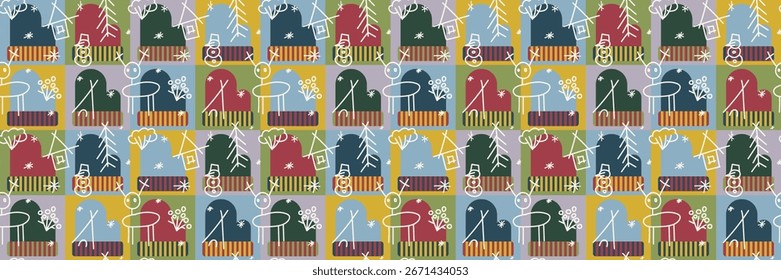 Padrão retro escandinavo festivo com luvas de Natal. Fundo de Ano Novo sem costura como uma colcha de retalhos com quadrados. Projeto de férias de inverno vetor para papel de embrulho, banners e folhetos.