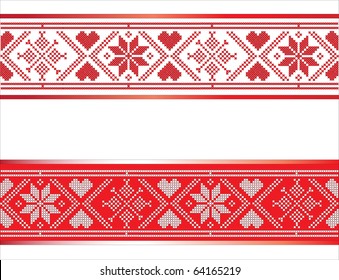 Festive Scandinavian style ribbons with hearts and snowflakes. Traditional red and white design with space for text. EPS10 vector format.