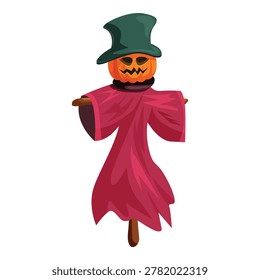 Festive scarecrow with pumpkin head and green top hat wearing a red cloak, perfect for halloween decoration