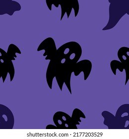 Festive scary pattern, colorful Halloween print. Halloween seamless pattern with funny scary ghosts. Autumn wallpaper or party background with ghosts - for fabric, for textiles, for wrapping paper.