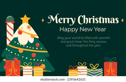 festive scene with a Christmas theme, The main element of the image is a Christmas tree, The tree has a yellow star on top and various ornaments hanging from its branches. The ornaments include balls