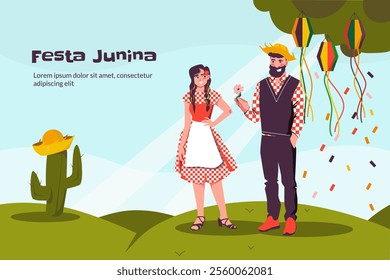 A festive scene depicting two characters celebrating Festa Junina, a traditional Brazilian festival.