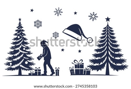 A festive scene featuring a person delivering gifts under decorated christmas trees