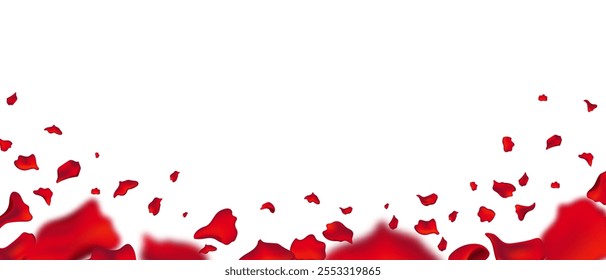 A festive scene of red rose petals raining through the air, symbolizing love and elegance, perfect for weddings and holiday decorations.