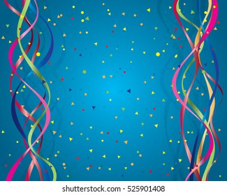 festive scene with ribbons and confetti on blue.