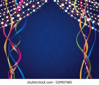 festive scene with ribbons and lights on blue.