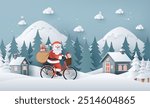 A festive scene with Santa Claus cycling through a snowy village, delivering presents on a serene winter day, Merry Christmas and happy new year, Paper cut art style. created using vector program.