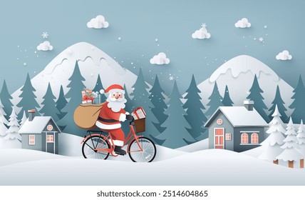 A festive scene with Santa Claus cycling through a snowy village, delivering presents on a serene winter day, Merry Christmas and happy new year, Paper cut art style. created using vector program.